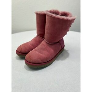 UGG Australia Bailey Bow Pink Suede Sheepskin Boots Ribbon Back Womens 9